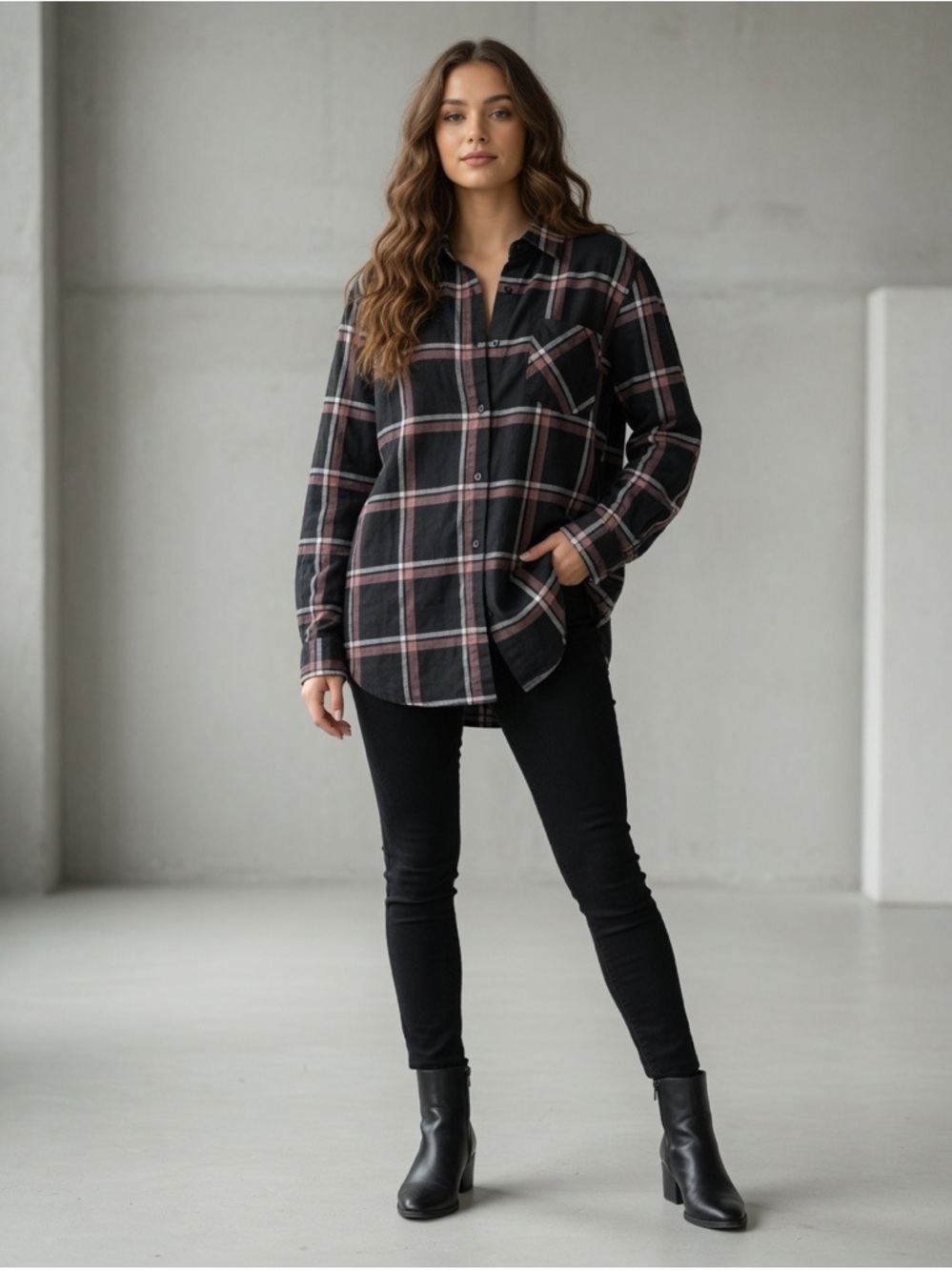 RVCA Black & Mauve Plaid Button-Up Shirt